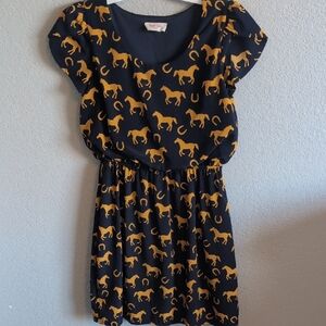 Peach Love California Navy Dress with Gold Horse Print Western Rodeo